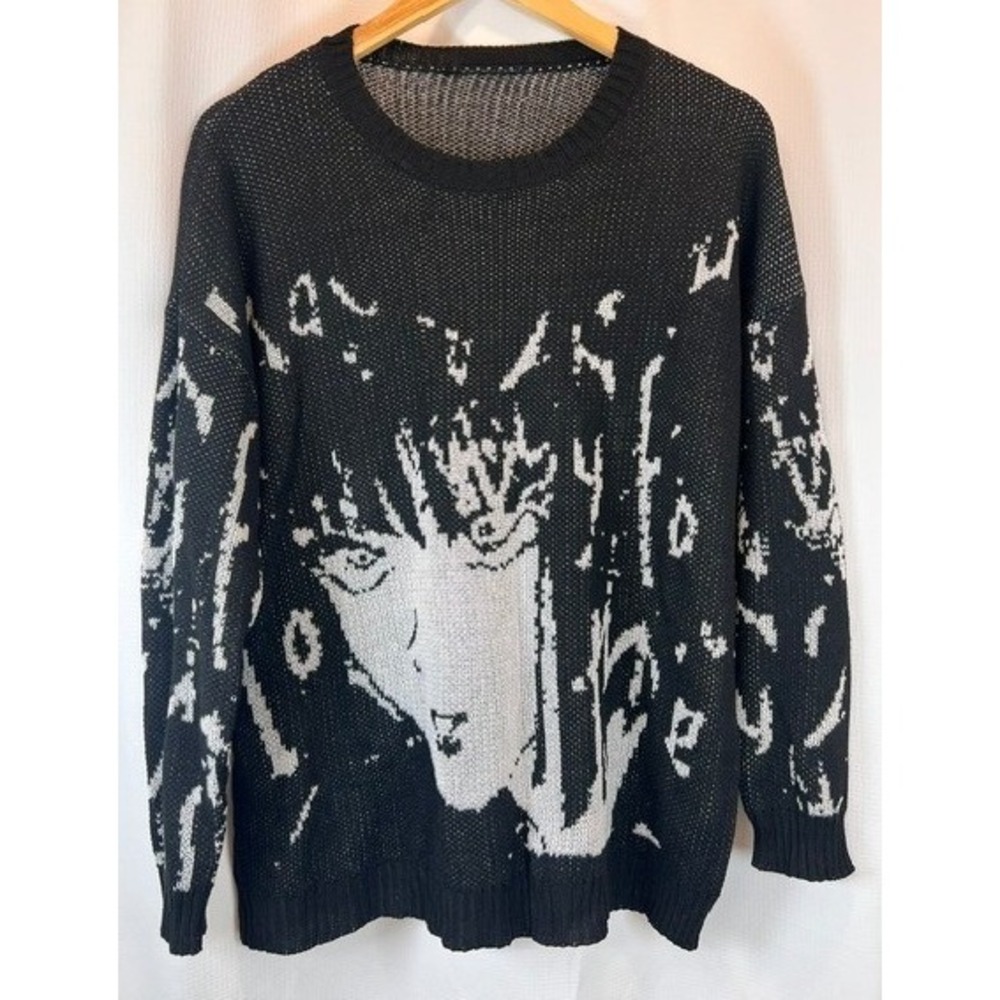 SHEIN Anime Girl Graphic Knit Sweater Size L Black White Grunge Y2K Goth